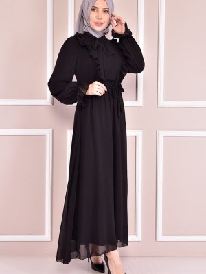 Moda Merve Siyah Fırfırlı Şifon Elbise