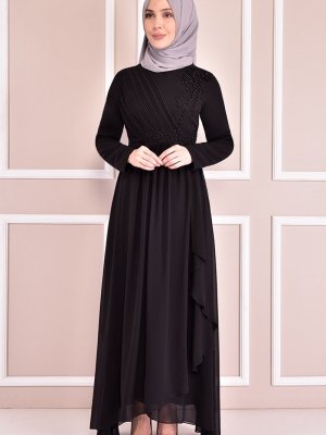Moda Merve Siyah İnci Detay Abiye Elbise