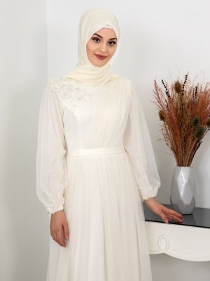 Rana Zenn Beyaz Derin Abiye Elbise
