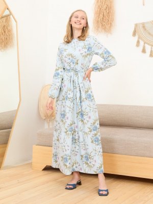 Ceylan Otantik Soft Mavi Çiçekli Kat Kat Elbise