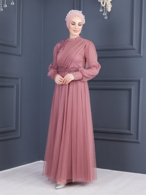 Sew&Design Gül Kurusu Aplikeli Tül Kloş Abiye Elbise