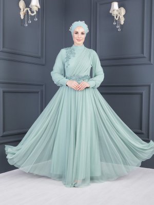 Sew&Design Mint Aplikeli Tül Kloş Abiye Elbise