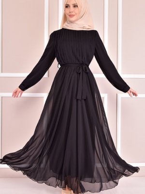 Moda Merve Siyah Piliseli Elbise