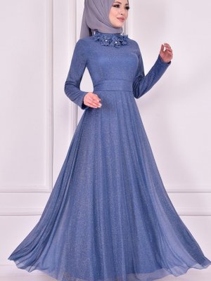 Moda Merve Buz Mavi Simli Abiye Elbise 