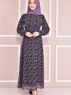 Moda Merve Lacivert Kuşaklı Şifon Elbise