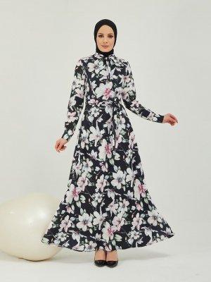 Sew&Design Siyah Çiçek Desenli Kloş Abiye Elbise