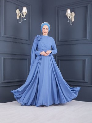 Sew&Design İndigo Omuzu Çiçekli Pileli Şifon Abiye Elbise