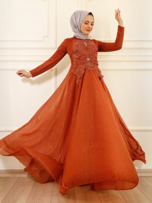 Moda Dua Kiremit Şifon Güpürlü Abiye Elbise