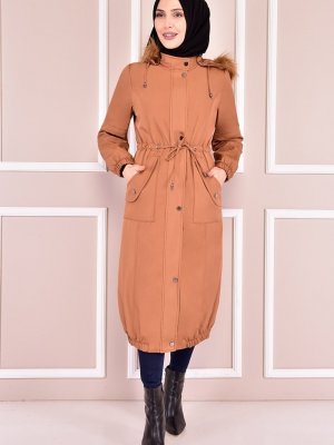 Moda Merve Karamel Kapüşonlu Kaban