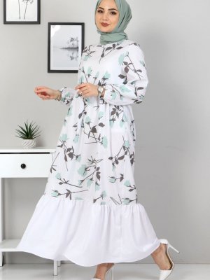 Tesettür Dünyası Mint Yeşili Çiçek Desenli Elbise