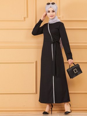 Tofisa Siyah Sim Şerit Detaylı Elbise