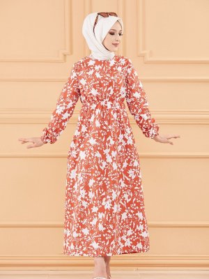 Tofisa Kiremit Beli Büzgülü Desenli Elbise