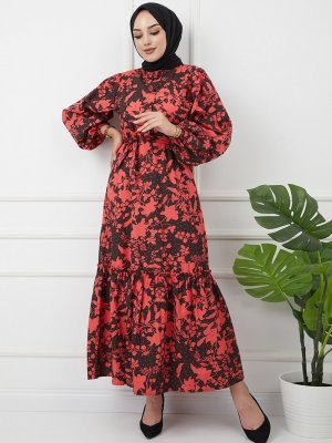 Olcay Siyah Mercan Hakim Yaka Eteği Fırfırlı Çiçek Desenli Elbise