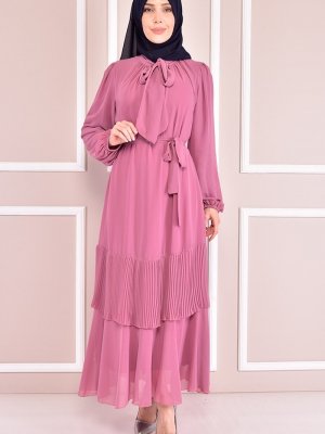 Moda Merve Pembe Yaka Bağcıklı Şifon Elbise