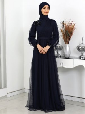 Rana Zenn Lacivert Derin Abiye Elbise