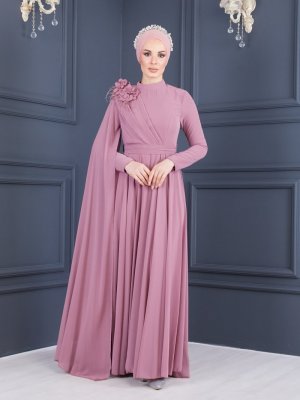 Sew&Design Gül Kurusu Omuzu Çiçekli Pileli Şifon Abiye Elbise