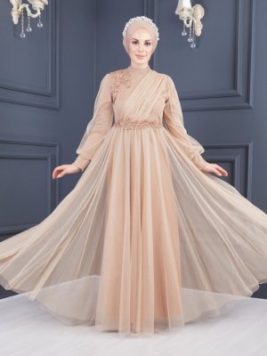 Sew&Design Ten Aplikeli Tül Kloş Abiye Elbise