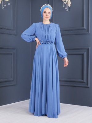 Sew&Design İndigo Balon Kol Kemerli Abiye Elbise