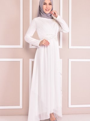 Moda Merve Beyaz İnci Detay Abiye Elbise