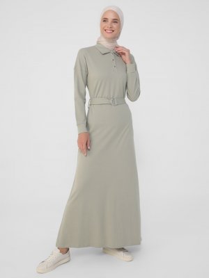 Refka Kekik Doğal Kumaşlı Yakası Çıtçıtlı Kemerli Elbise