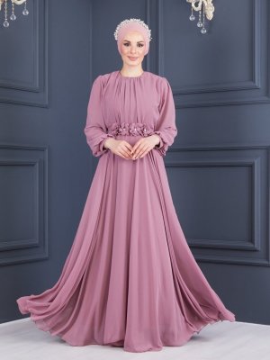 Sew&Design Gül Kurusu Balon Kol Kemerli Abiye Elbise