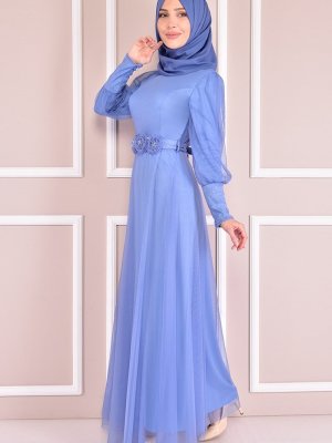 Moda Merve Mavi Simli Abiye Elbise