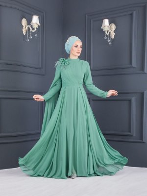 Sew&Design Su Yeşili Omuzu Çiçekli Pileli Şifon Abiye Elbise