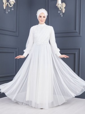 Sew&Design Ekru Aplikeli Tül Kloş Abiye Elbise