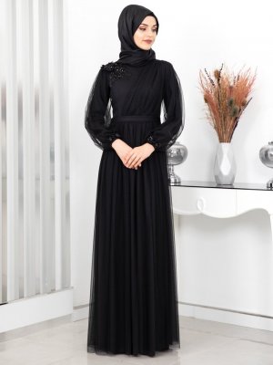 Rana Zenn Siyah Derin Abiye Elbise