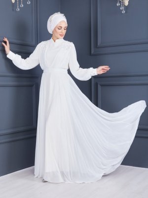 Sew&Design Ekru Balon Kol Güpür İşlemeli Şifon Abiye Elbise