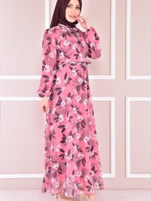 Moda Merve Pembe Kuşaklı Şifon Elbise