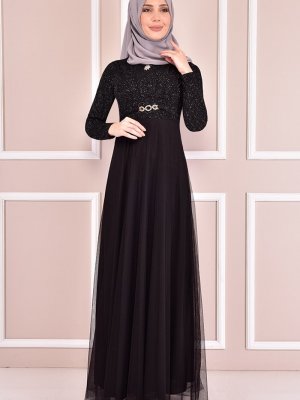 Moda Merve Siyah Simli Abiye Elbise