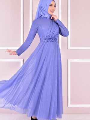 Moda Merve Mavi Simli Abiye Elbise