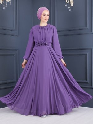 Sew&Design Lila Balon Kol Kemerli Abiye Elbise