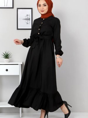 Tesettür Dünyası Siyah Eteği Volanlı Elbise