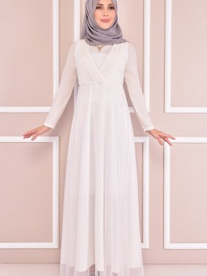 Moda Merve Beyaz Simli Abiye Elbise