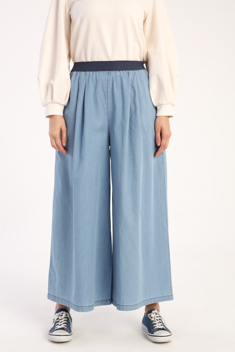 Allday Mavi Açık Beli Lastikli Bol Paça Pantolon