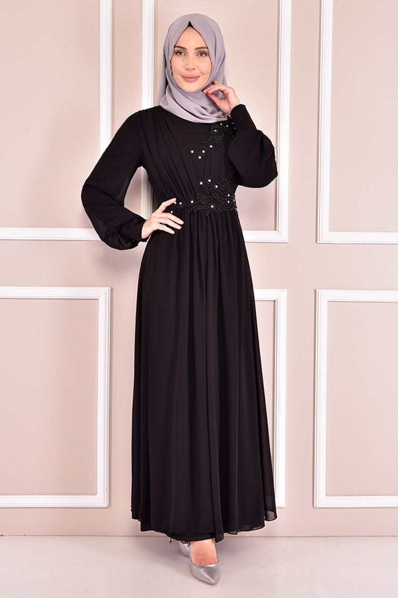 Moda Merve Siyah İnci Detay Abiye Elbise