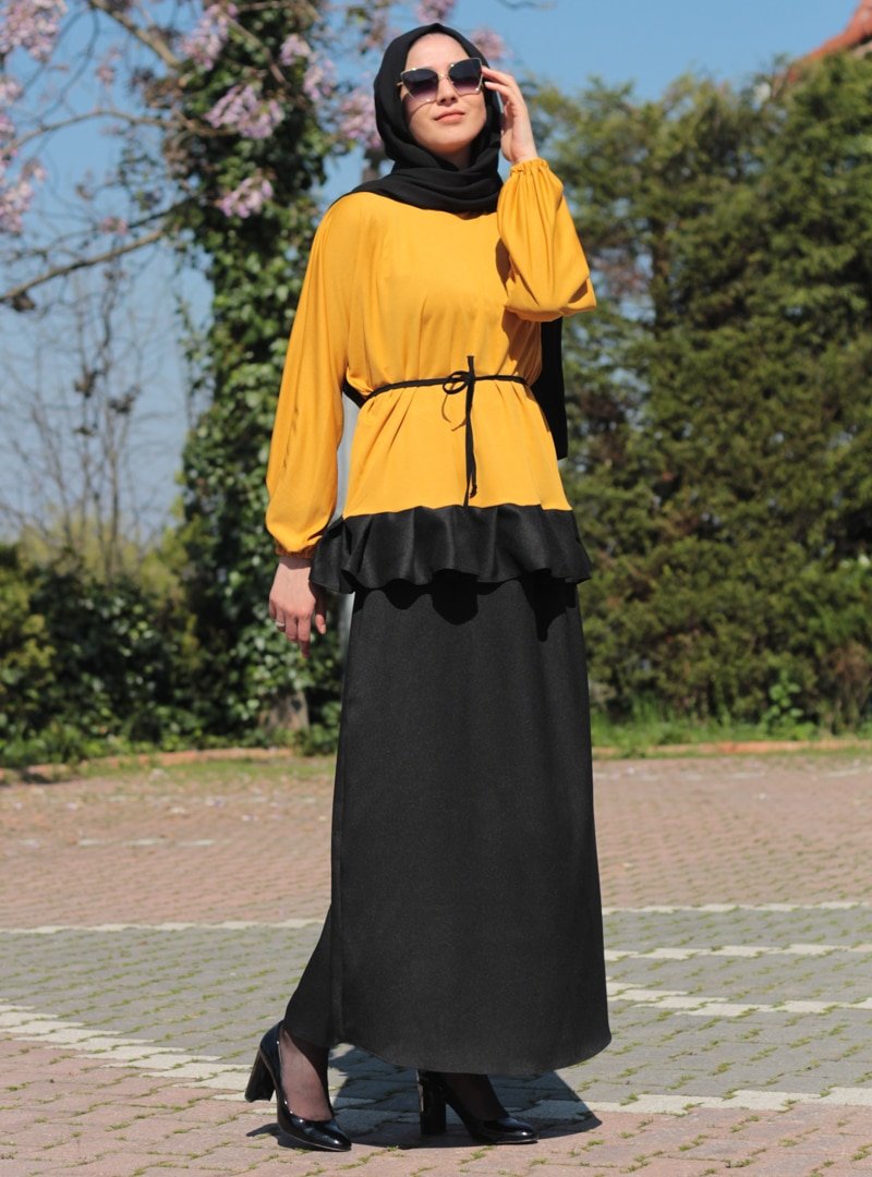 Merve Aydın Siyah Sarı Tunik&Etek İkili Takım