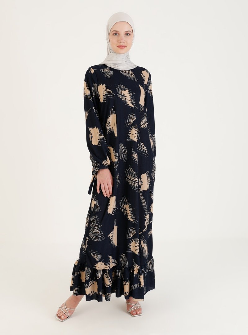 Moda Zenis Lacivert Etek Uçları Fırfırlı Desenli Elbise