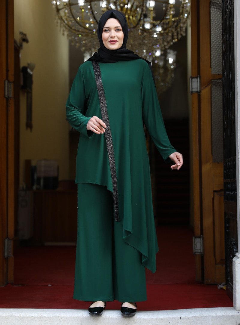 Amine Hüma Zümrüt Sim Şeritli Tunik&Pantolon İkili Takım