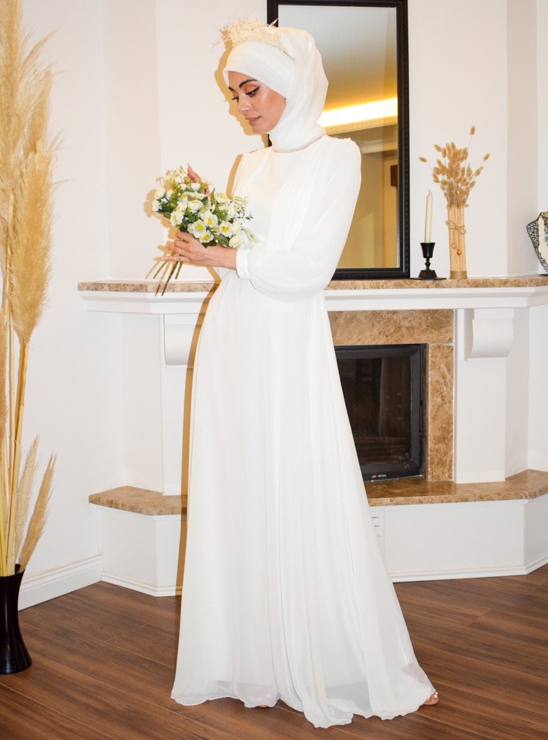 Sew&Design Beyaz Kemerli Pileli Kloş Nikah Abiye Elbise