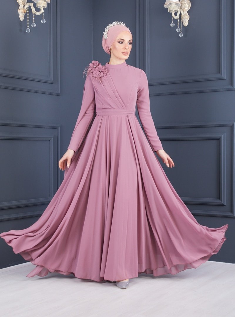 Sew&Design Gül Kurusu Omuzu Çiçekli Pileli Şifon Abiye Elbise