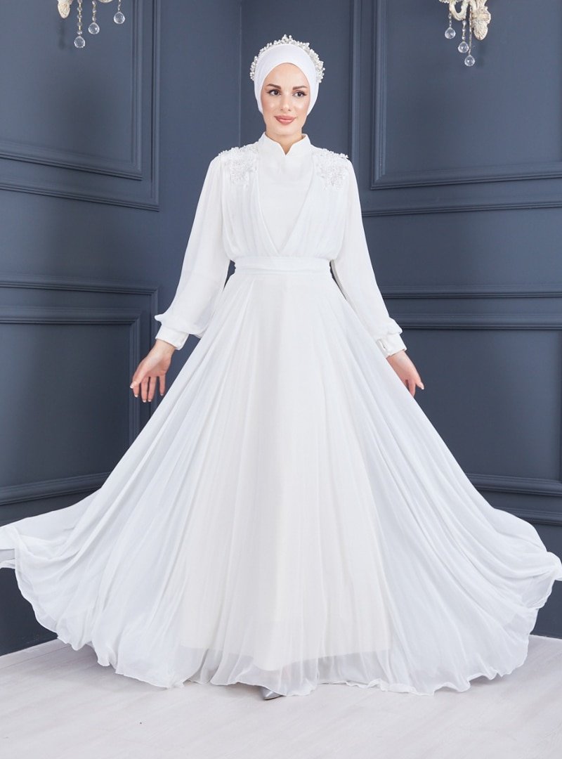 Sew&Design Ekru Balon Kol Güpür İşlemeli Şifon Abiye Elbise