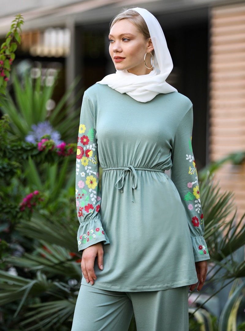 Selma Sarı Design Mint Kolları Baskılı Tunik&Pantolon İkili Takım