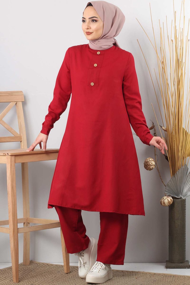 Tesettür Dünyası Bordo Arkası ve Önü Tahta Düğmeli İkili Takım