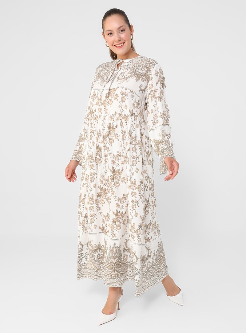 Alia Haki Ekru Büyük Beden Doğal Kumaşlı Desenli Elbise