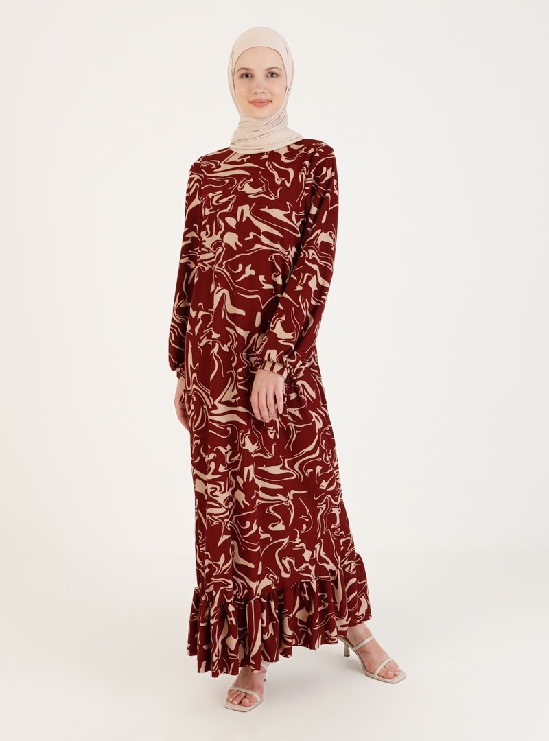 Moda Zenis Krem Bordo Etek Uçları Fırfırlı Desenli Elbise