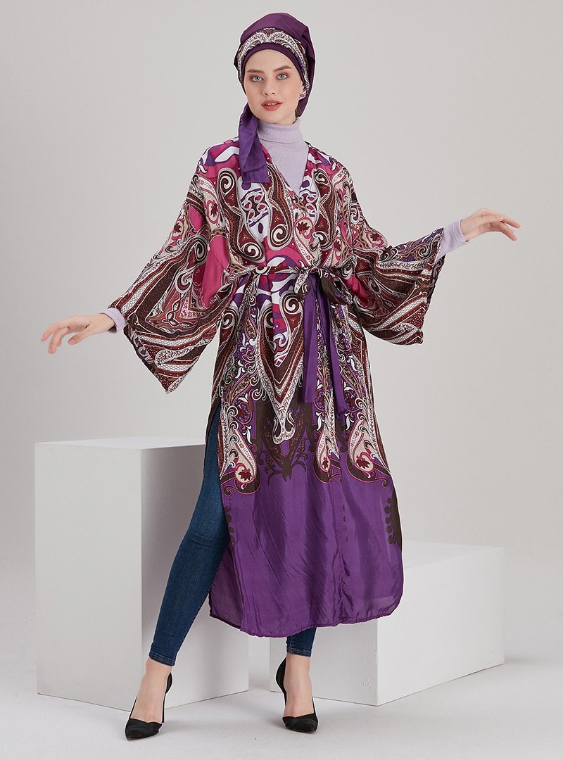 ELEUSIS by Gamze Ertin Mor Desenli Bone & Kimono Takım