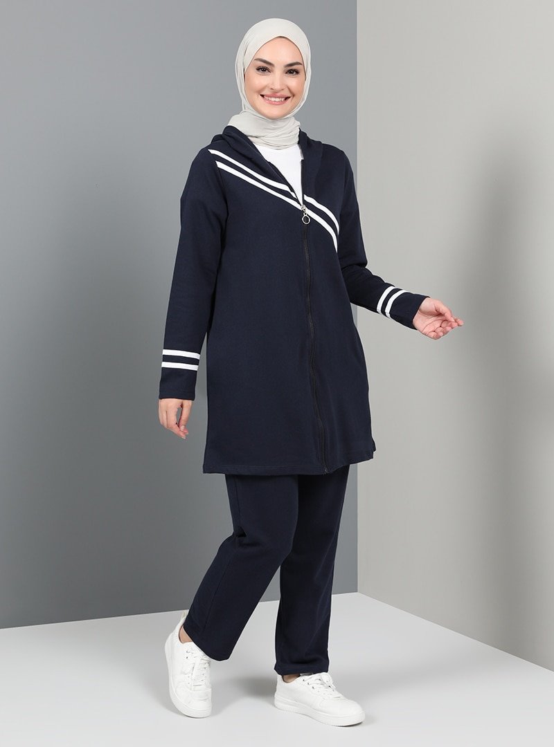 Tavin İndigo Şeritli Kapişonlu Eşofman Takımı